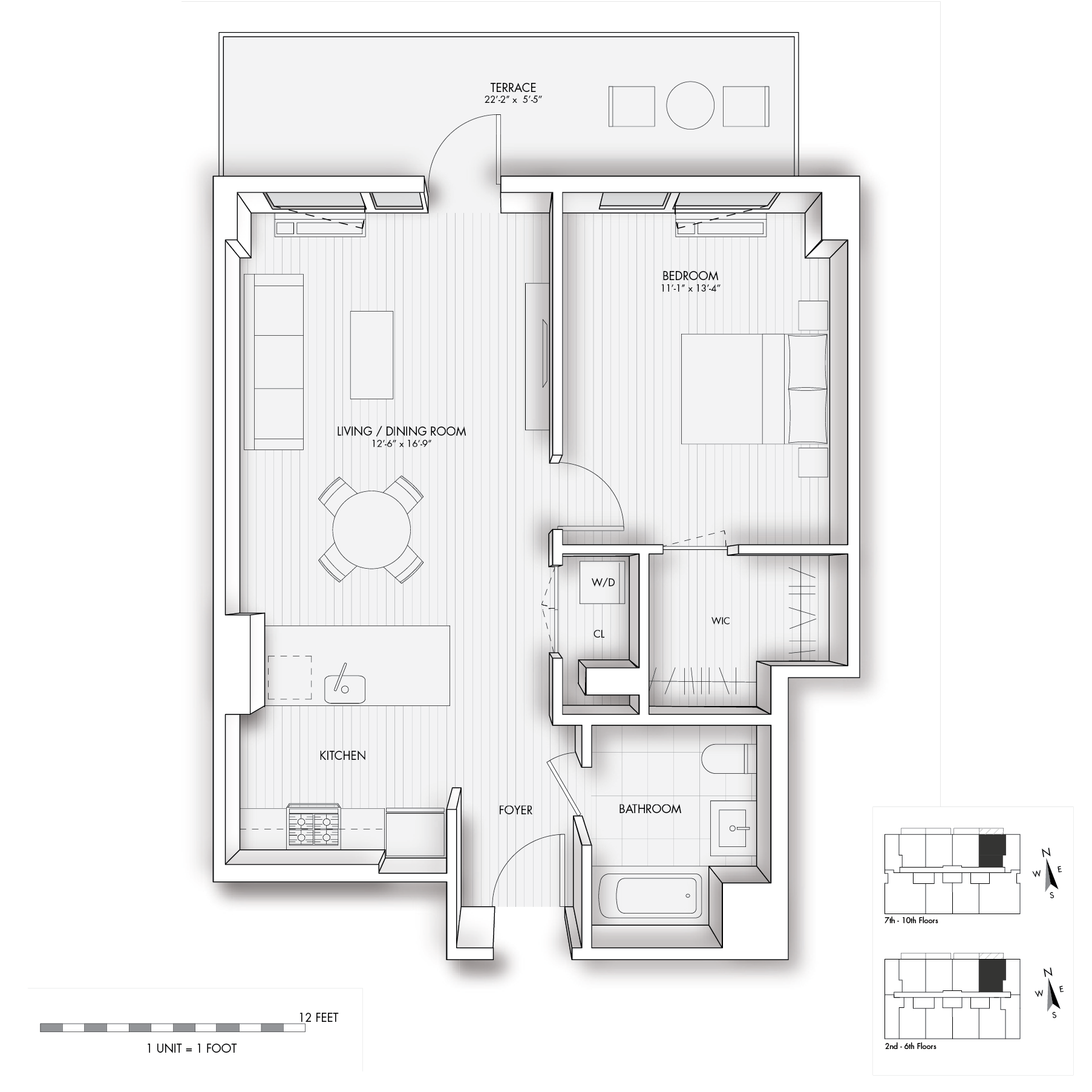 Floor plan for 1 bed, 1 bath, 658 sqft